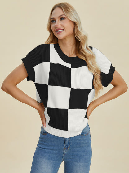 Double Take Full Size Checkered Round Neck Short Sleeve Sweater-Angel Casuals