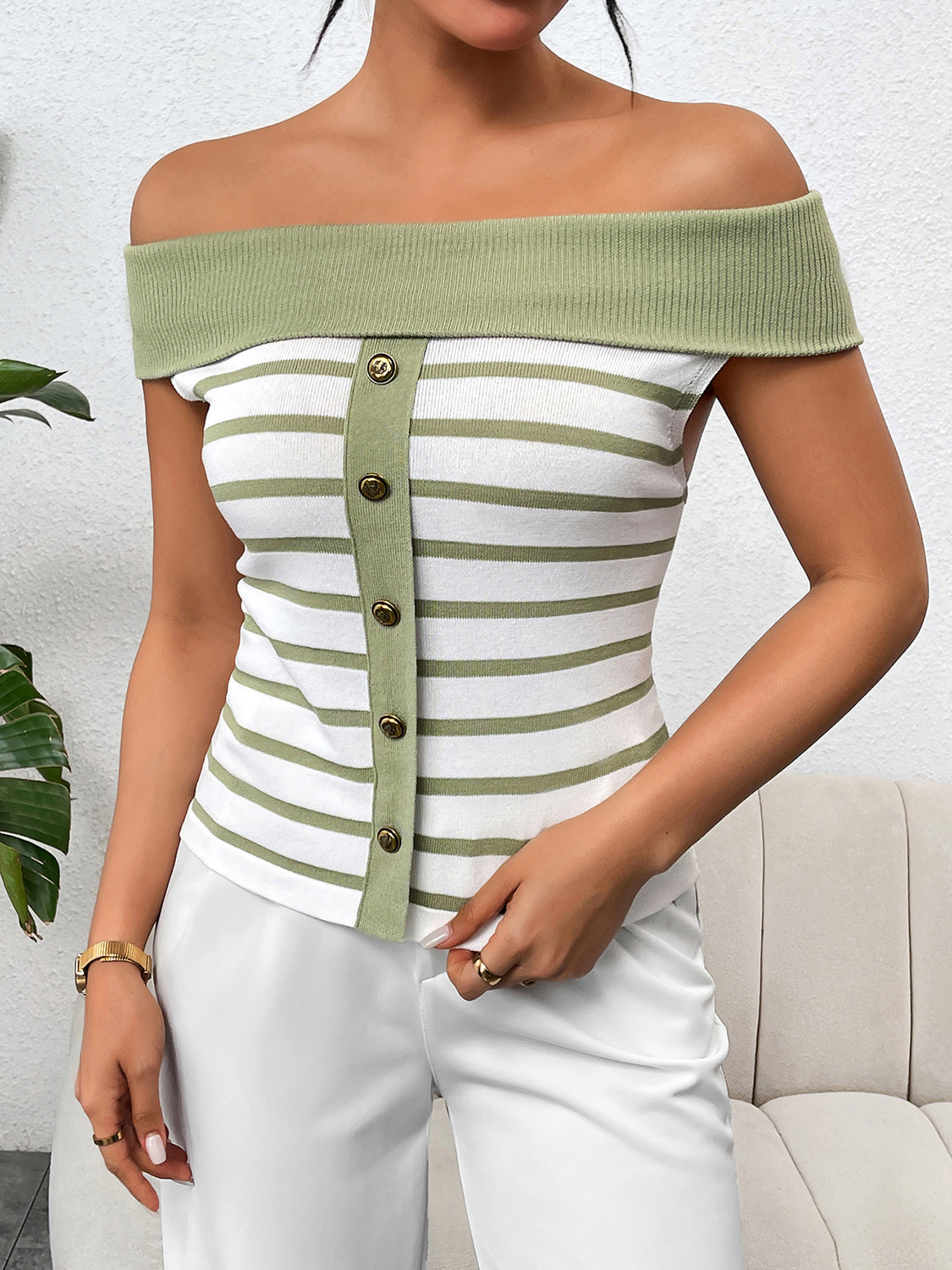 Decorative Button Striped Off-Shoulder Knit Top-Angel Casuals