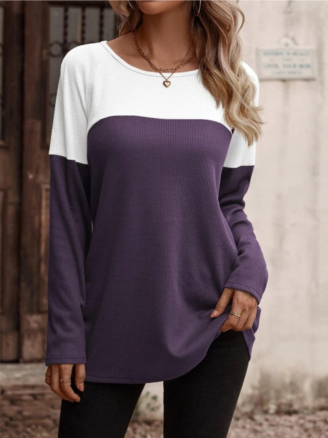 Contrast Round Neck Long Sleeve T-Shirt-Angel Casuals