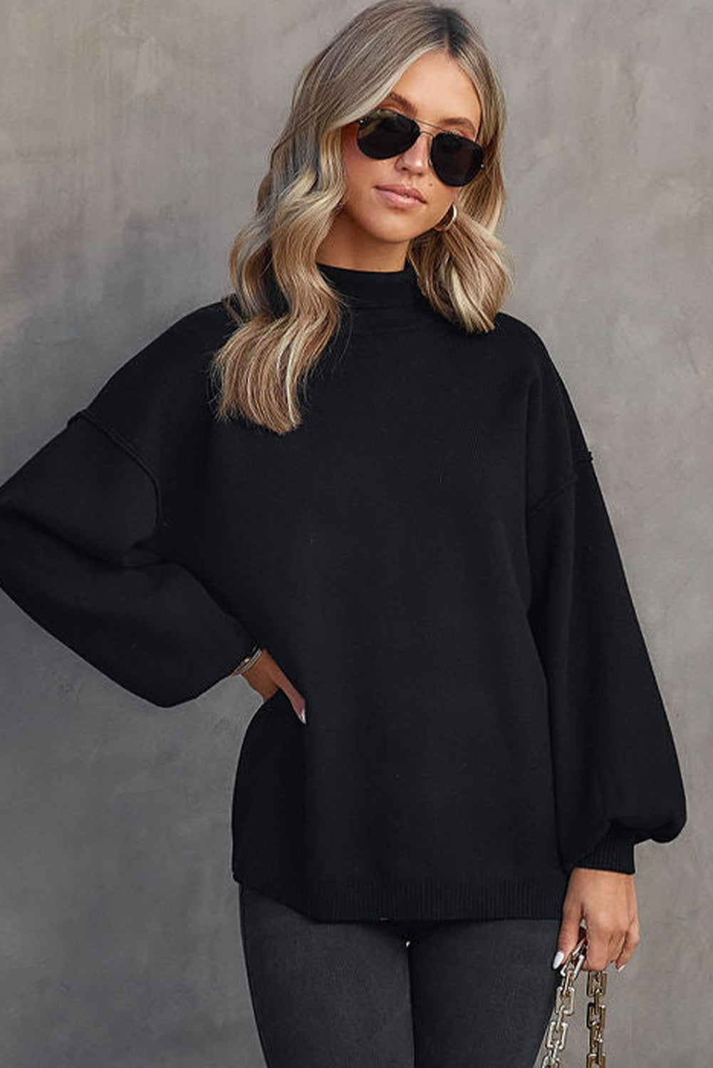 Mock Neck Dropped Shoulder Sweater-Angel Casuals