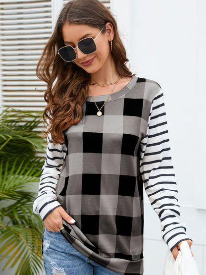 Plaid Striped Round Neck Long Sleeve T-Shirt-Angel Casuals