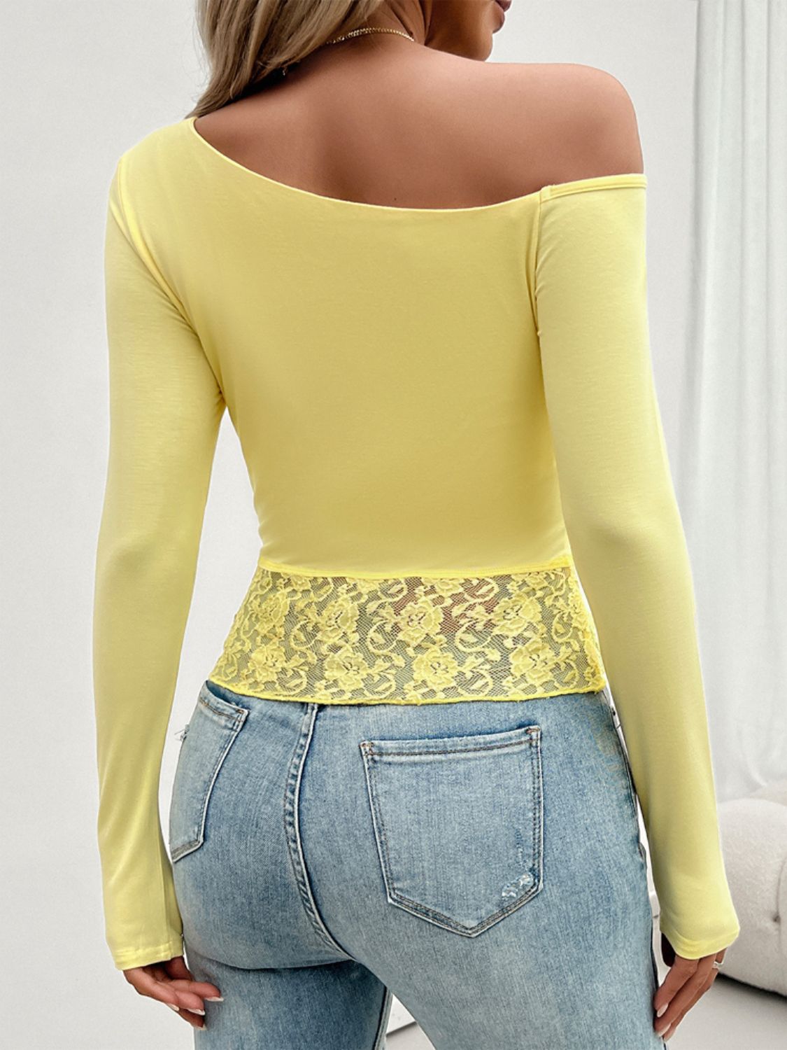 Devine Single Shoulder Long Sleeve Lace T-Shirt-Angel Casuals