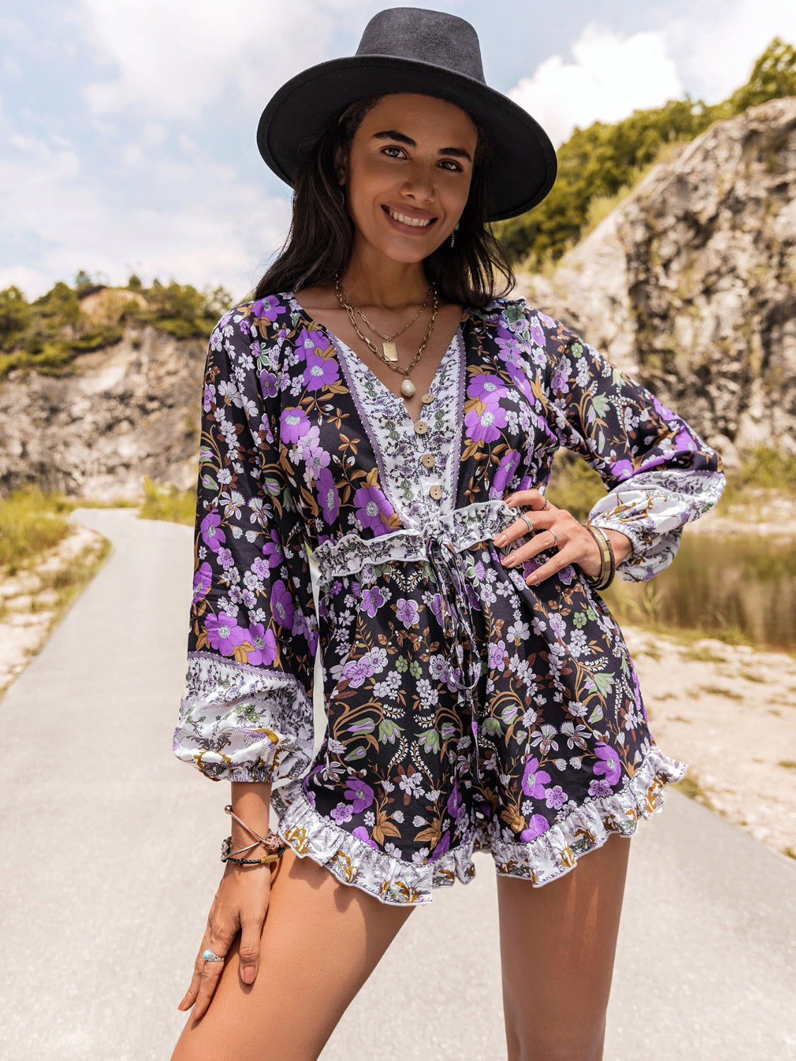 Printed Frill Half Button Balloon Sleeve Romper-Angel Casuals