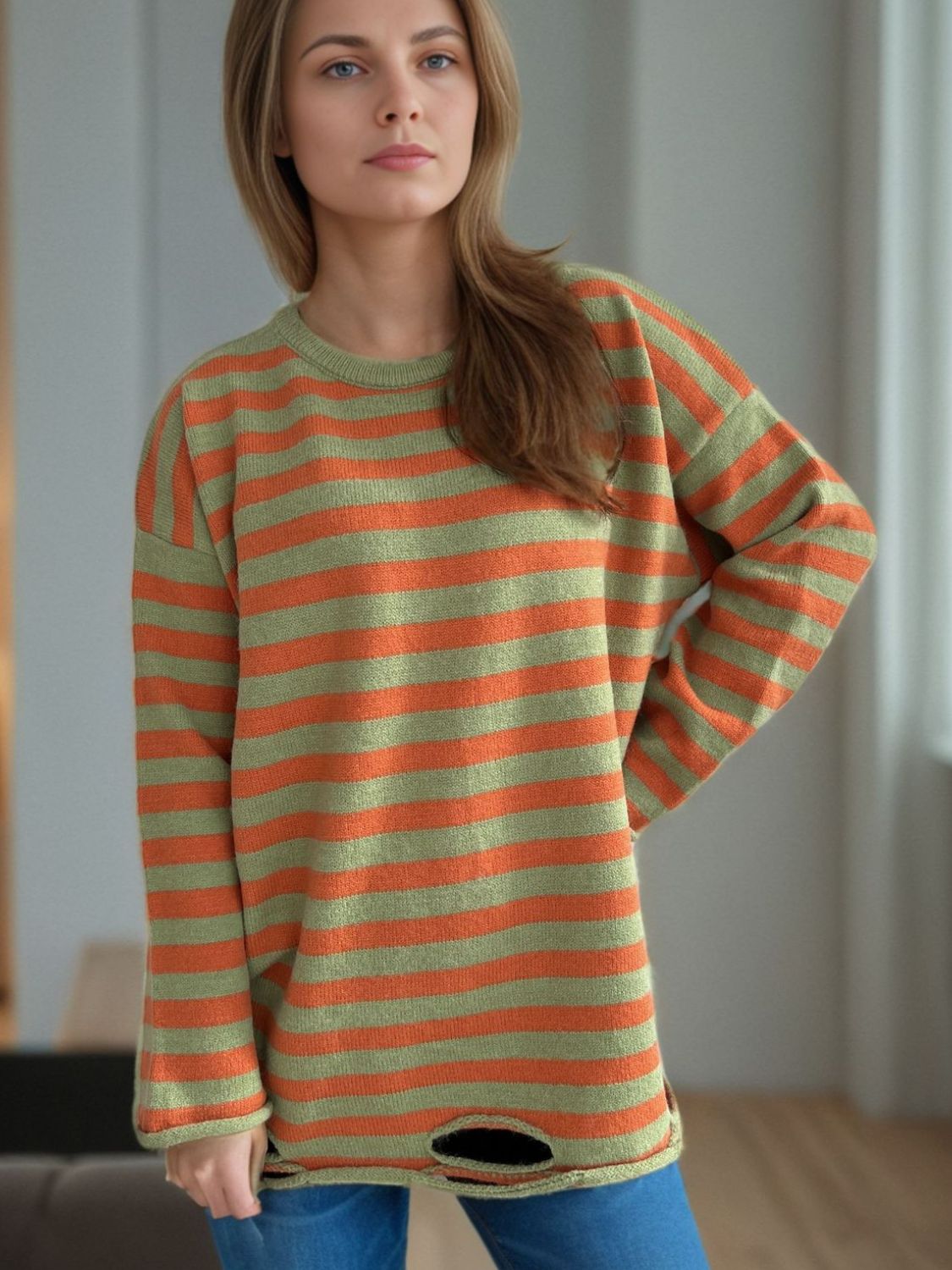 Distressed Striped Round Neck Long Sleeve Sweater-Angel Casuals