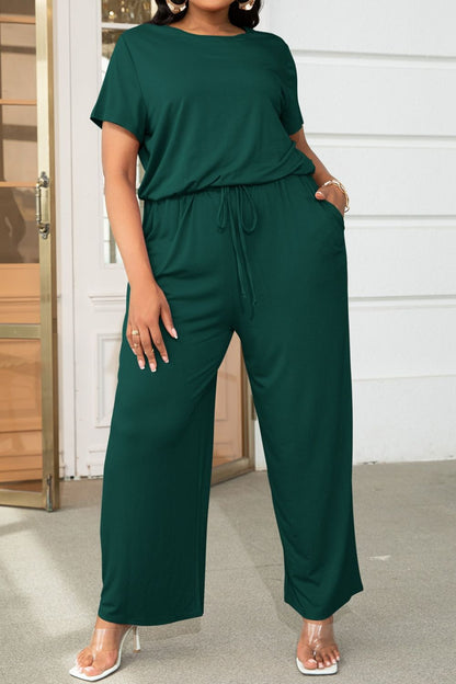 Plus Size Drawstring Waist Short Sleeve Jumpsuit-Angel Casuals