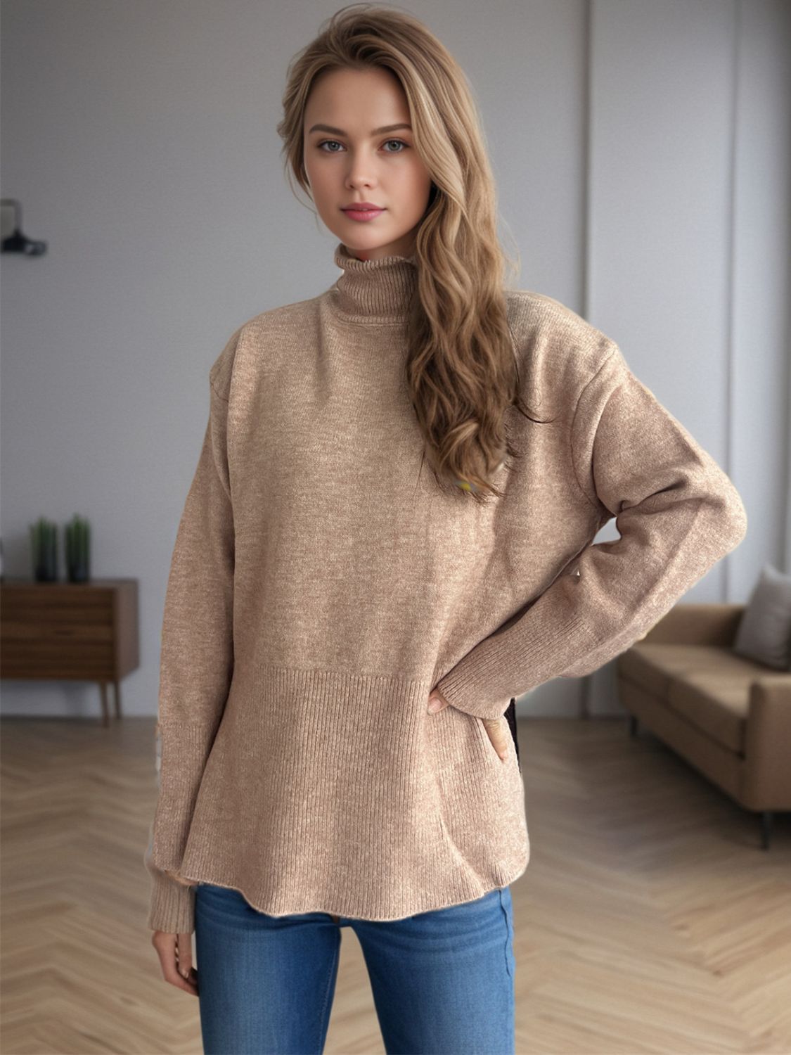 Side Slit Turtleneck Long Sleeve Sweater-Angel Casuals