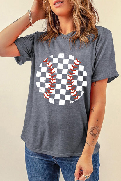 Checkered Graphic Round Neck Short Sleeve T-Shirt-Angel Casuals