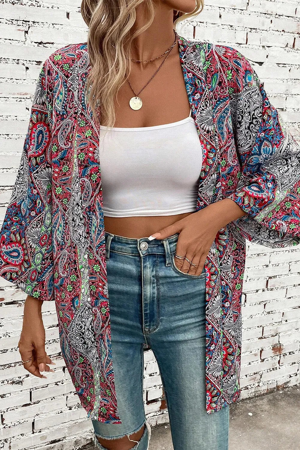 Printed Open Front Long Sleeve Cover Up-Angel Casuals