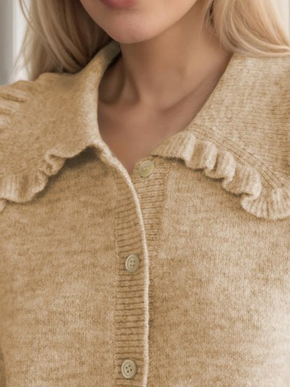Frill Button Up Collared Neck Long Sleeve Cardigan-Angel Casuals