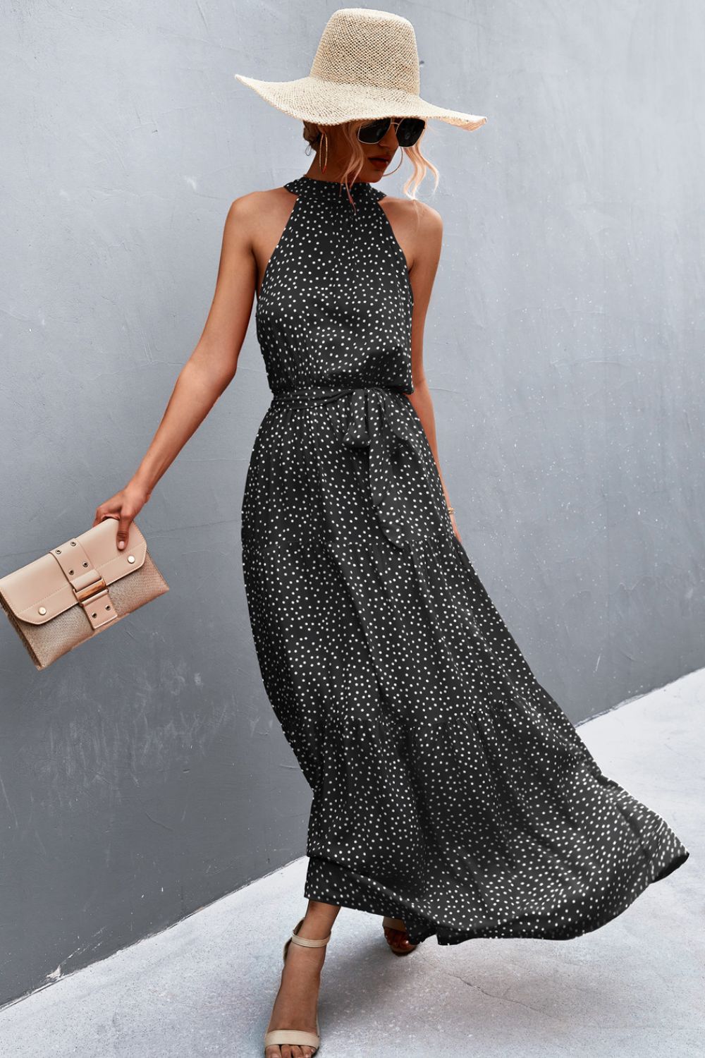 Printed Sleeveless Tie Waist Maxi Dress-Angel Casuals