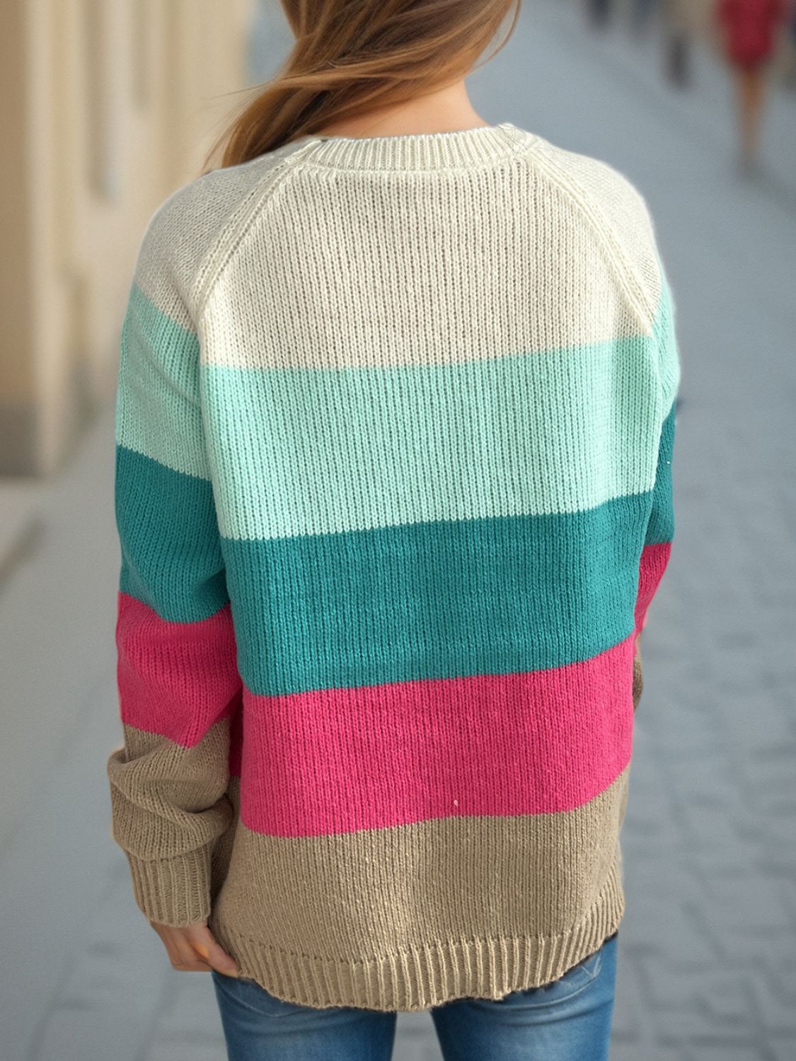 Color Block Round Neck Long Sleeve Sweater-Angel Casuals