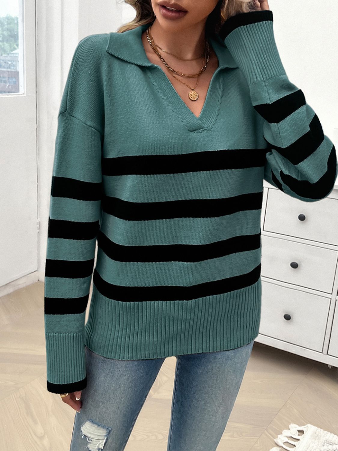 Devine Striped Collared Neck Long Sleeve Sweater-Angel Casuals