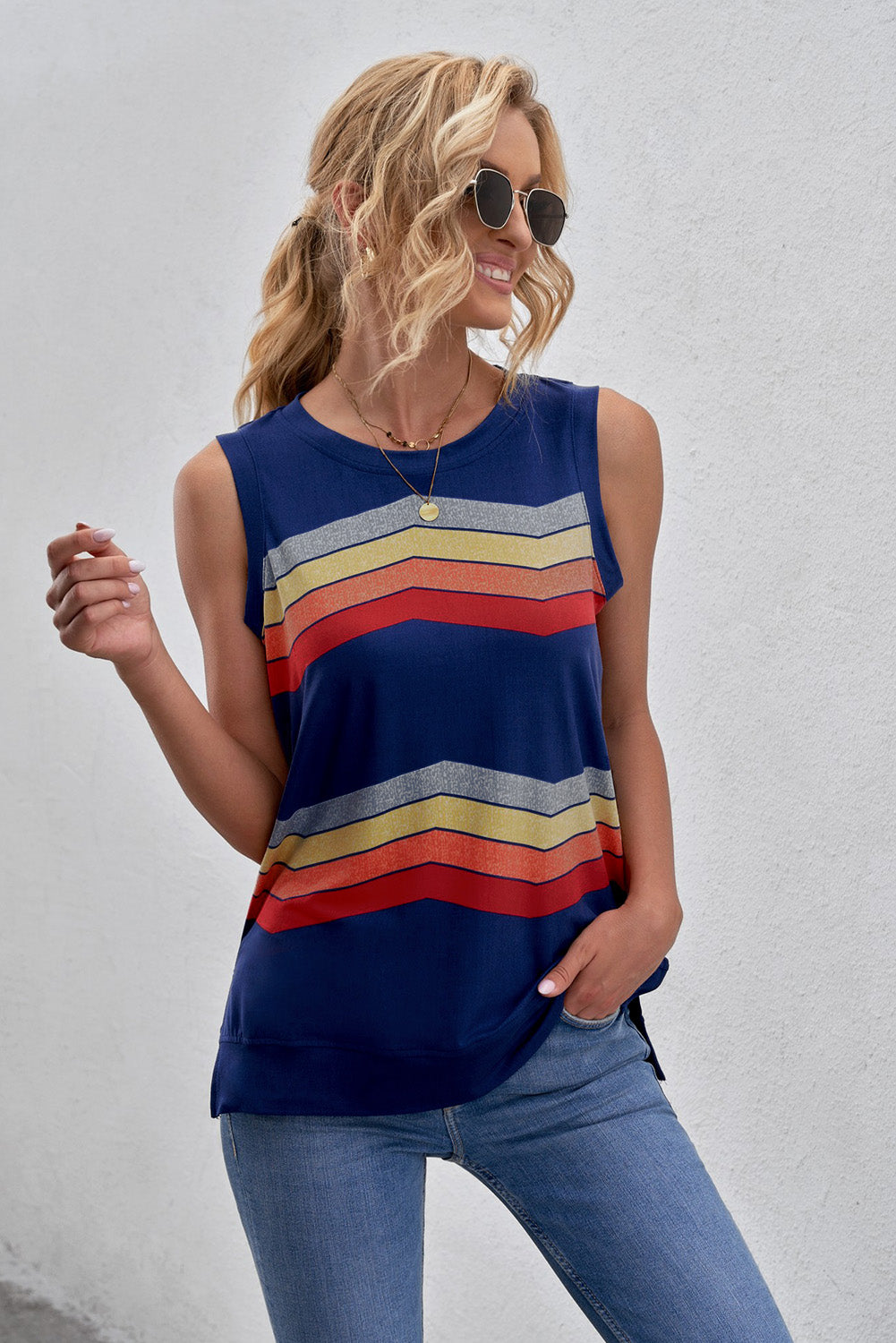 Printed Side Slit Round Neck Tank-Angel Casuals