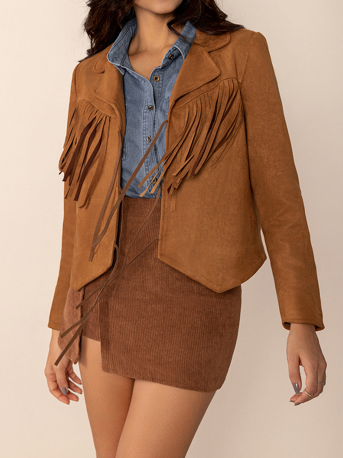 Tied Tassel Collared Neck Long Sleeve Jacket-Angel Casuals