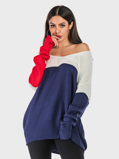 Perfee Contrast V-Neck Long Sleeve Knit Top-Angel Casuals