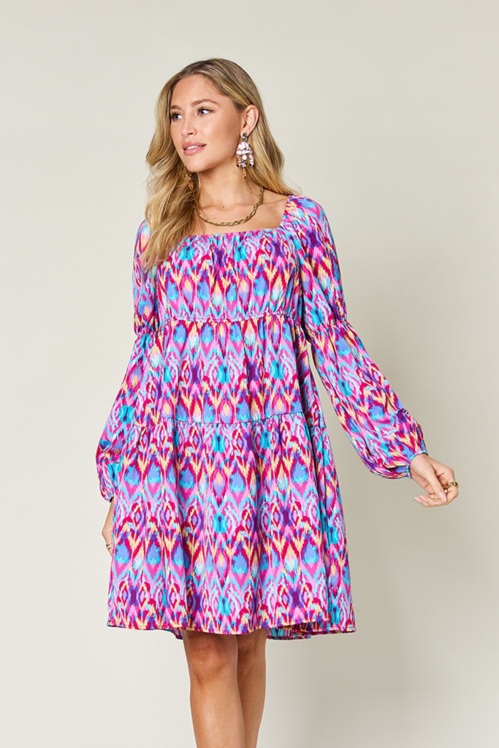 Double Take Full Size Printed Long Sleeve Dress-Angel Casuals