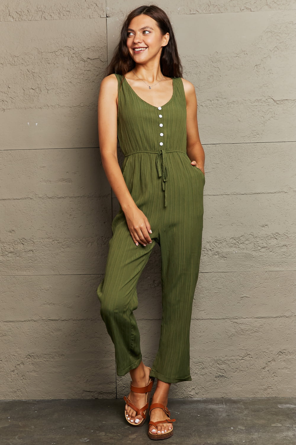 Tied Sleeveless Jumpsuit with Pockets-Angel Casuals