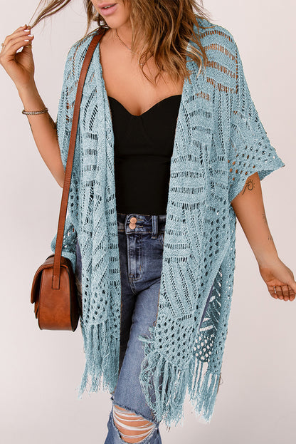 Openwork Open Front Cardigan with Fringes-Angel Casuals