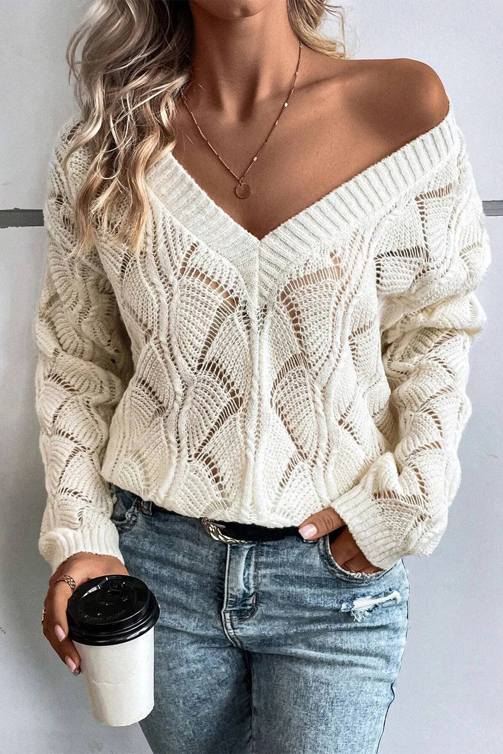 Openwork V-Neck Long Sleeve Sweater-Angel Casuals