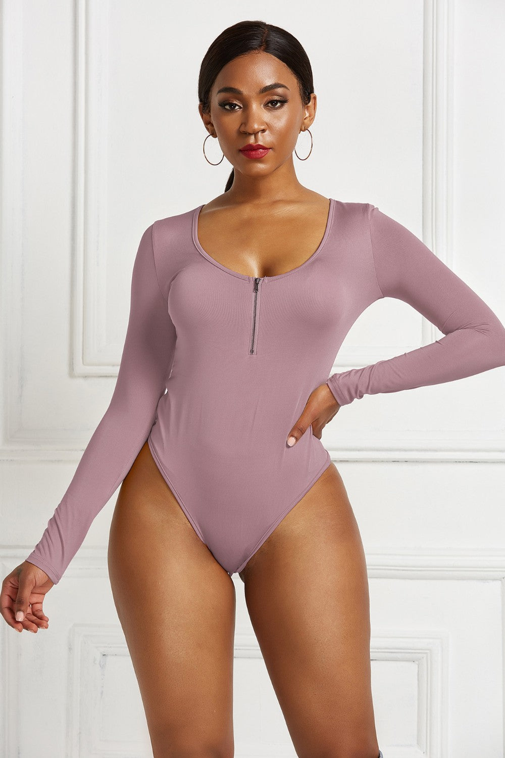 Half Zip Scoop Neck Long Sleeve Bodysuit-Angel Casuals