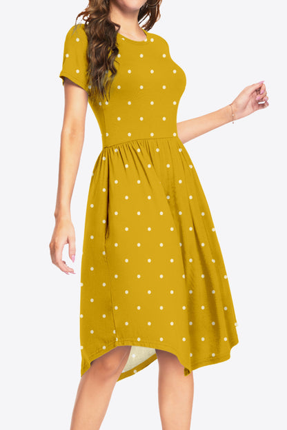 Printed Round Neck Short Sleeve Dress with Pockets-Angel Casuals