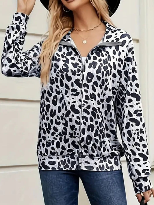 Full Size Leopard Collared Neck Zip Up Jacket-Angel Casuals