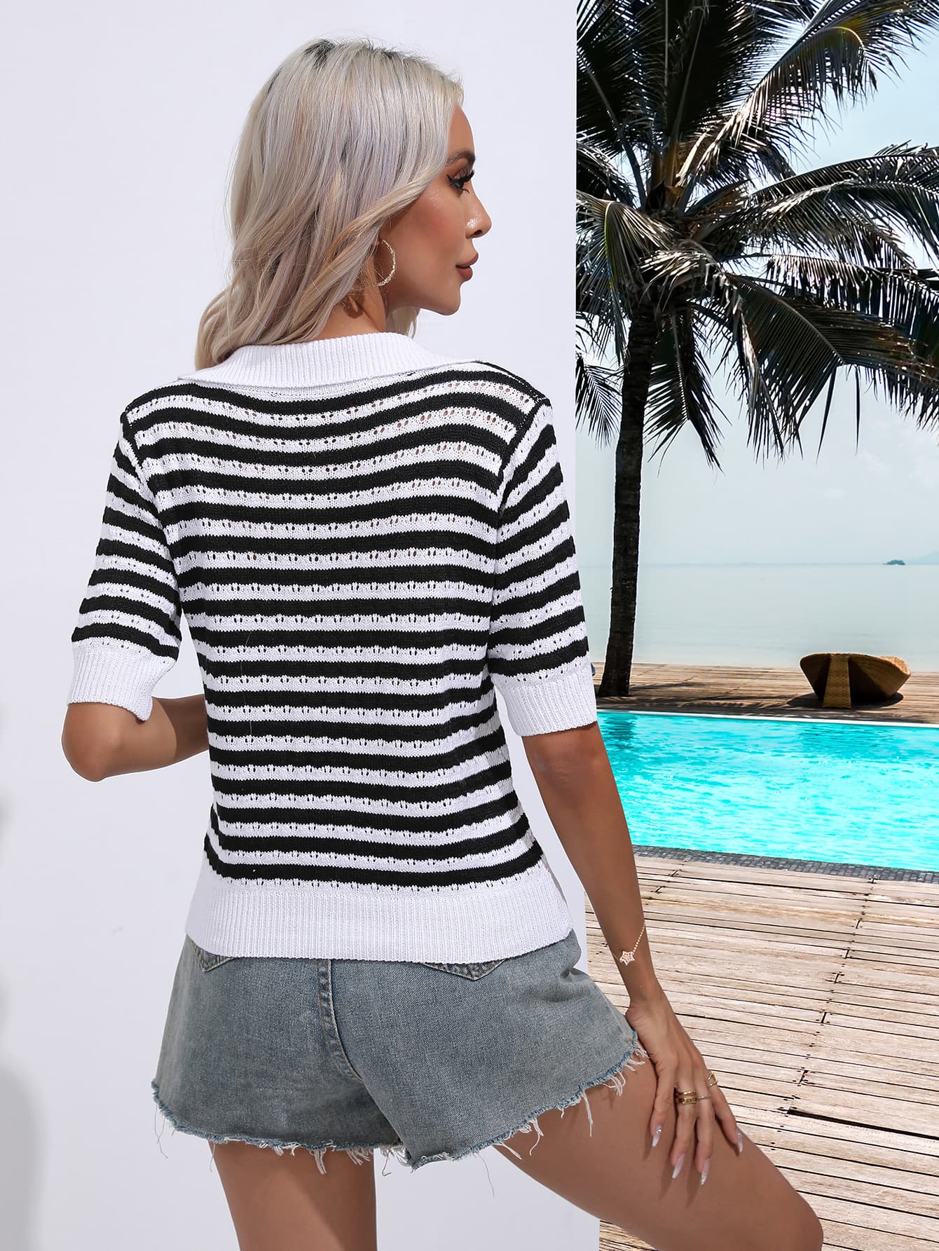 Striped Johnny Collar Half Sleeve Knit Top-Angel Casuals