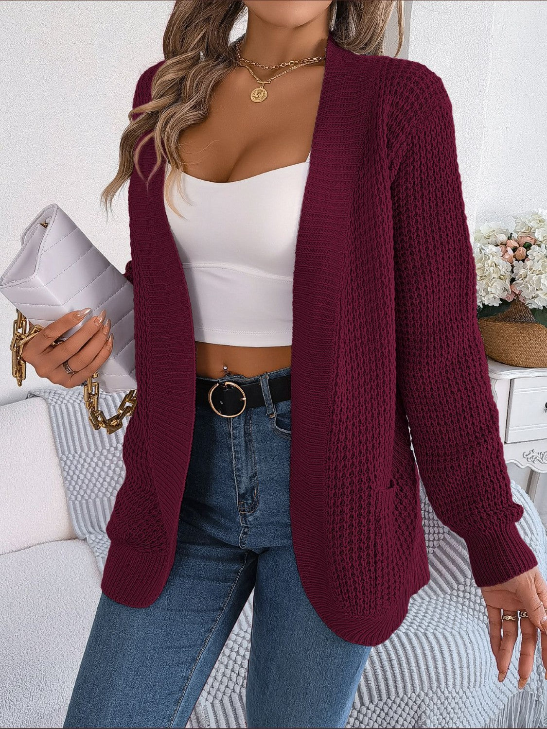 Open Front Long Sleeve Cardigan with Pockets-Angel Casuals