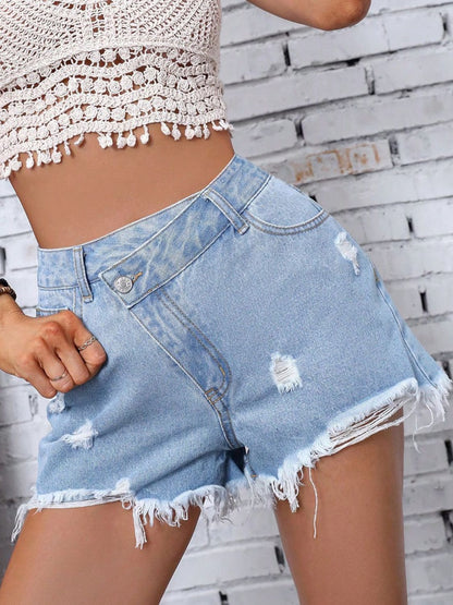 Distressed Raw Hem Denim Shorts-Angel Casuals