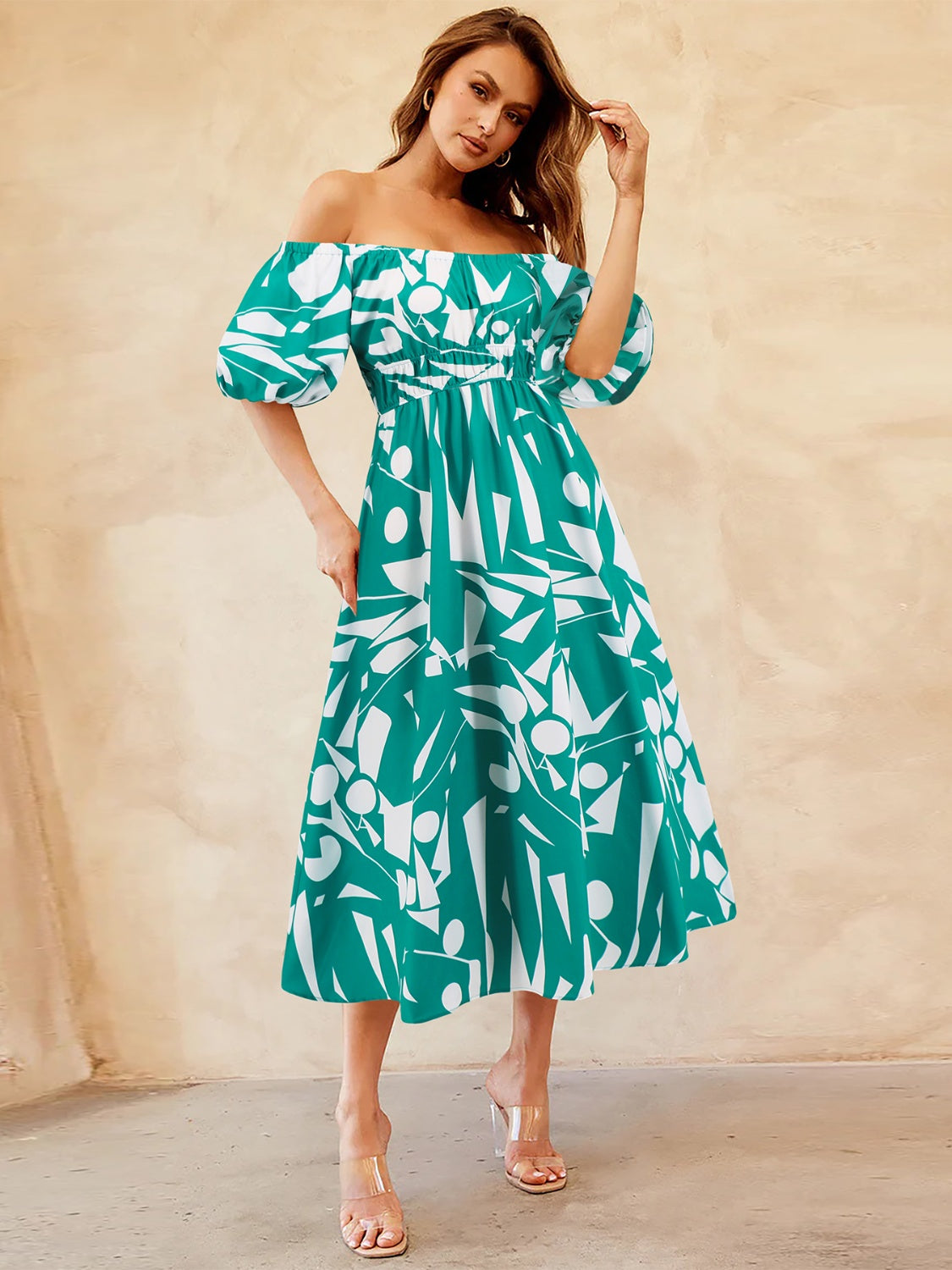 Printed Off-Shoulder Balloon Sleeve Dress-Angel Casuals