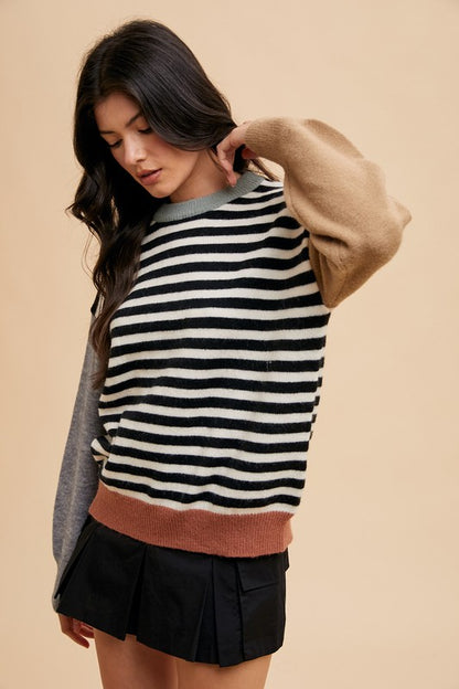 Annie Wear Striped Color Block Round Neck Sweater-Angel Casuals