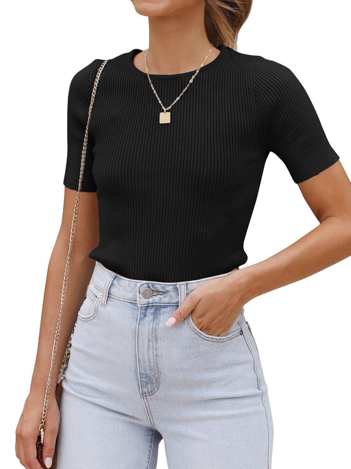 Round Neck Short Sleeve Knit Top-Angel Casuals