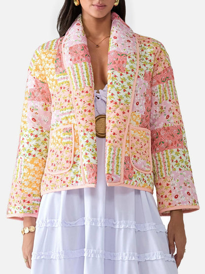 Printed Patchwork Open Front Cardigan with Pockets-Angel Casuals