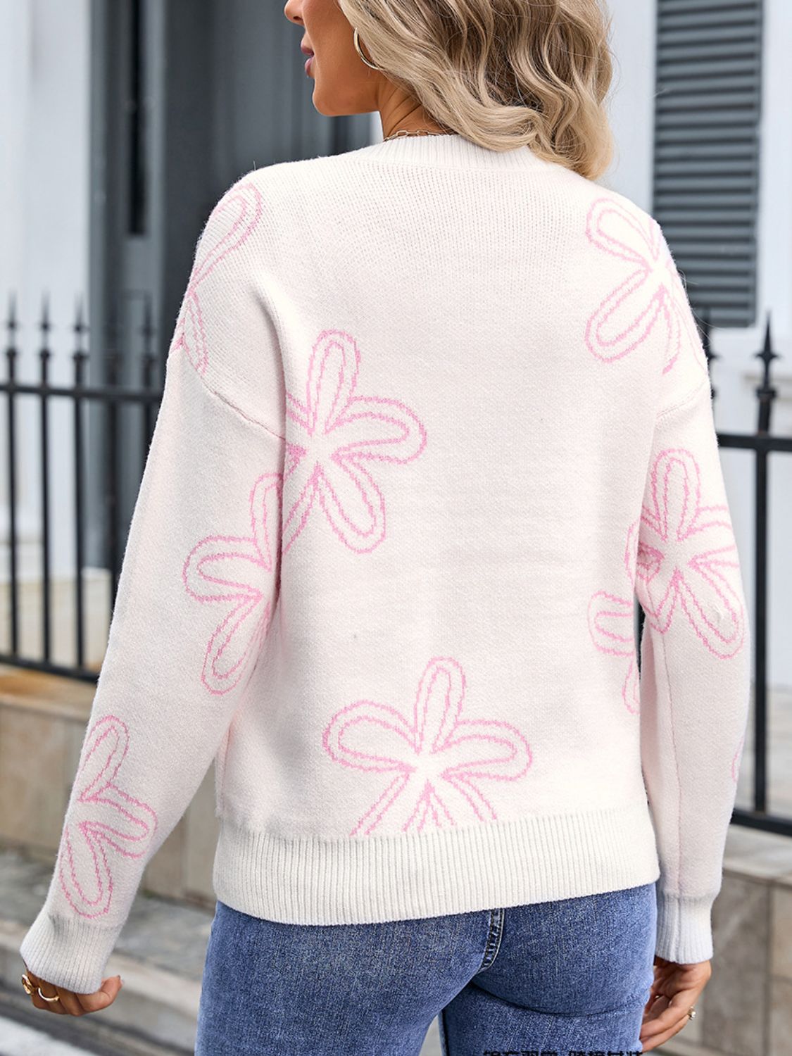 Angel Wings Flower Round Neck Dropped Shoulder Sweater-Angel Casuals