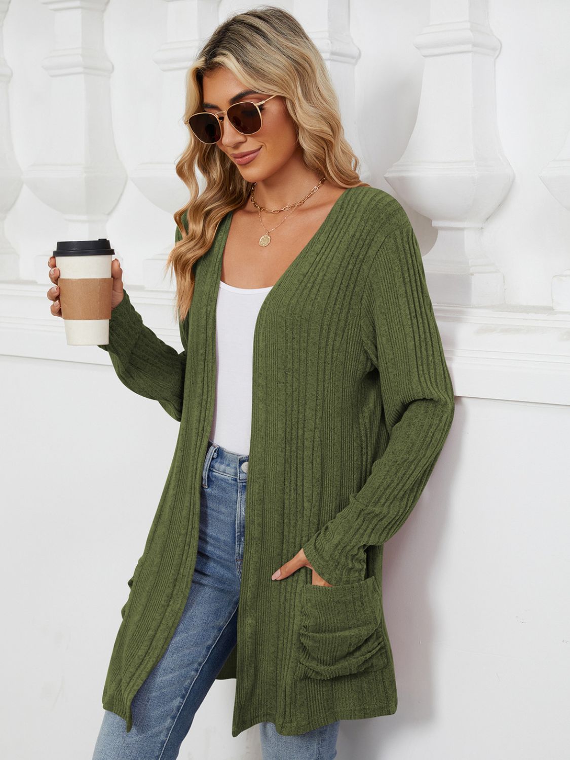 Pocketed Open Front Long Sleeve Cardigan-Angel Casuals