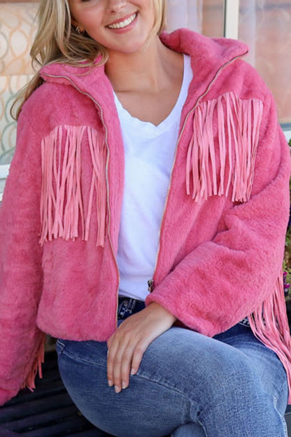 Fringed Zip Up Fleece Jacket-Angel Casuals