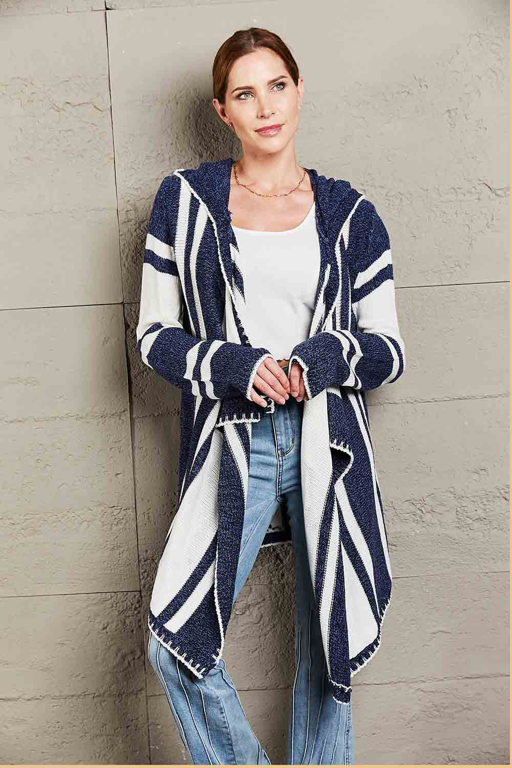 Woven Right Striped Open Front Hooded Cardigan-Angel Casuals