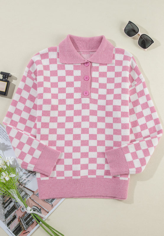 Checkered Collared Neck Long Sleeve Sweater-Angel Casuals