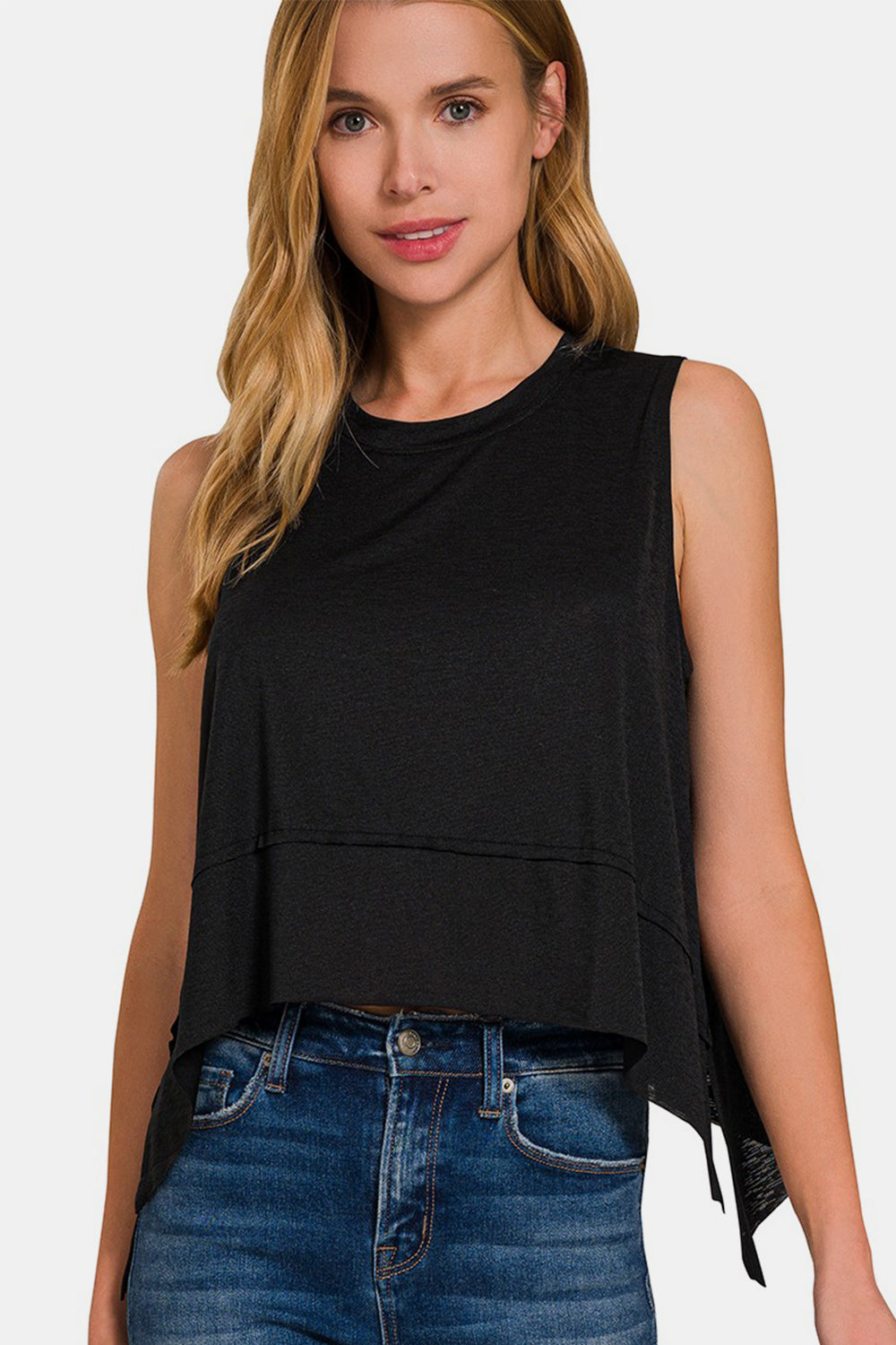 Zenana Exposed Seam Slit Round Neck Tank-Angel Casuals