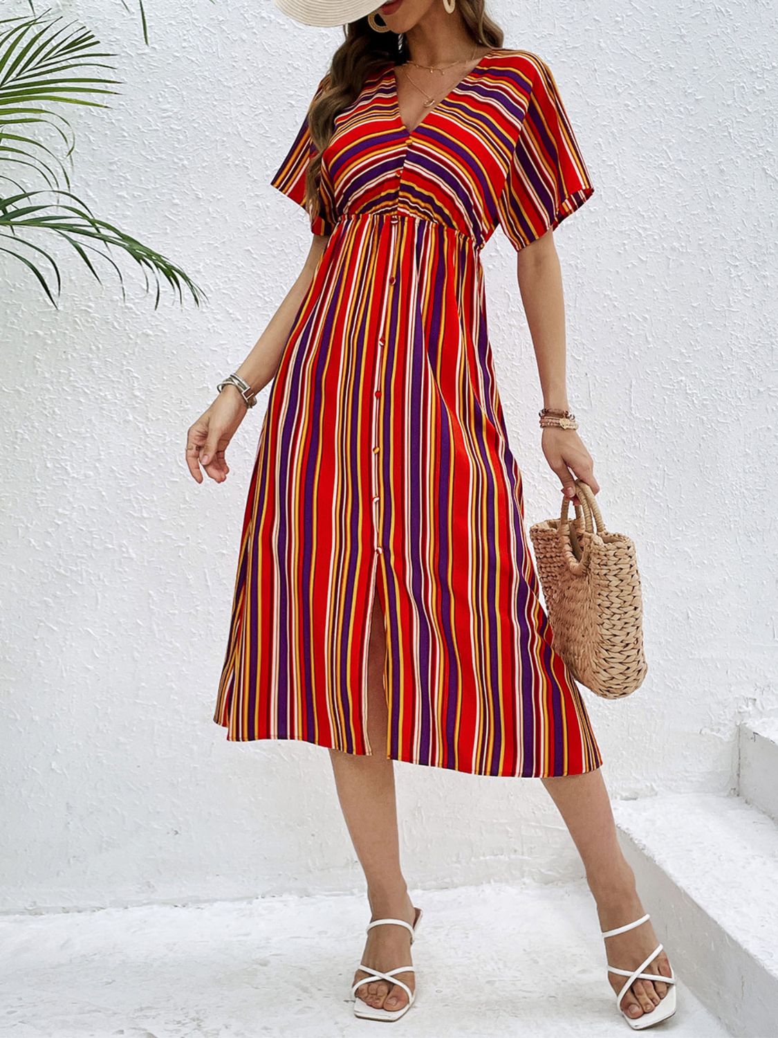 Slit Striped V-Neck Short Sleeve Midi Dress-Angel Casuals