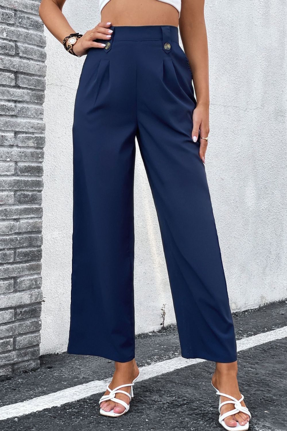 High-Rise Pleated Waist Wide Leg Pants-Angel Casuals