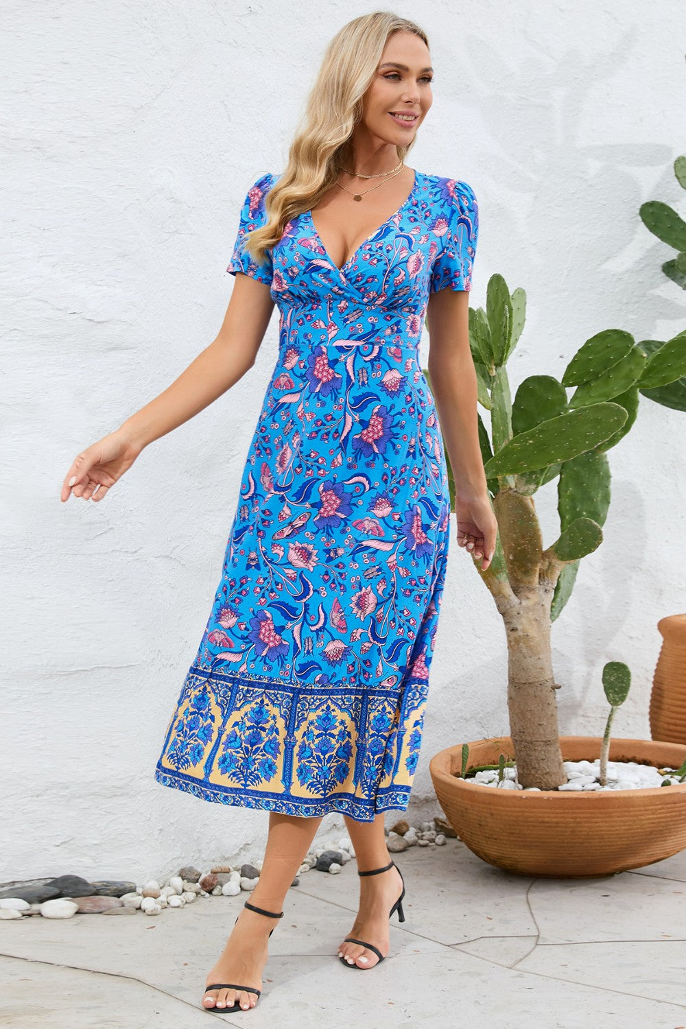 Printed Surplice Short Sleeve Dress-Angel Casuals