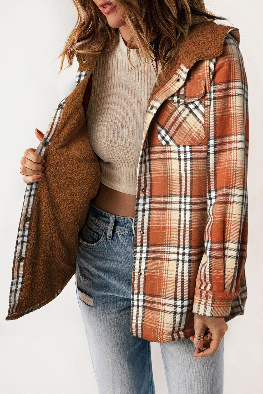 Plaid Snap Down Hooded Jacket-Angel Casuals