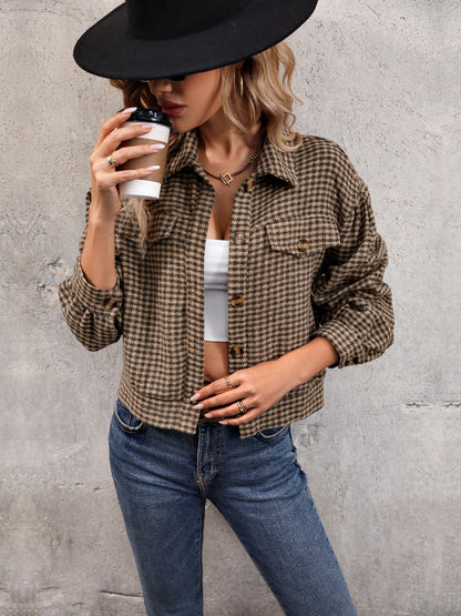 Perfee Houndstooth Collared Neck Button Up Jacket-Angel Casuals