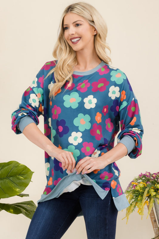 Celeste Full Size Side Slit Flower Print Long Sleeve Top-Angel Casuals