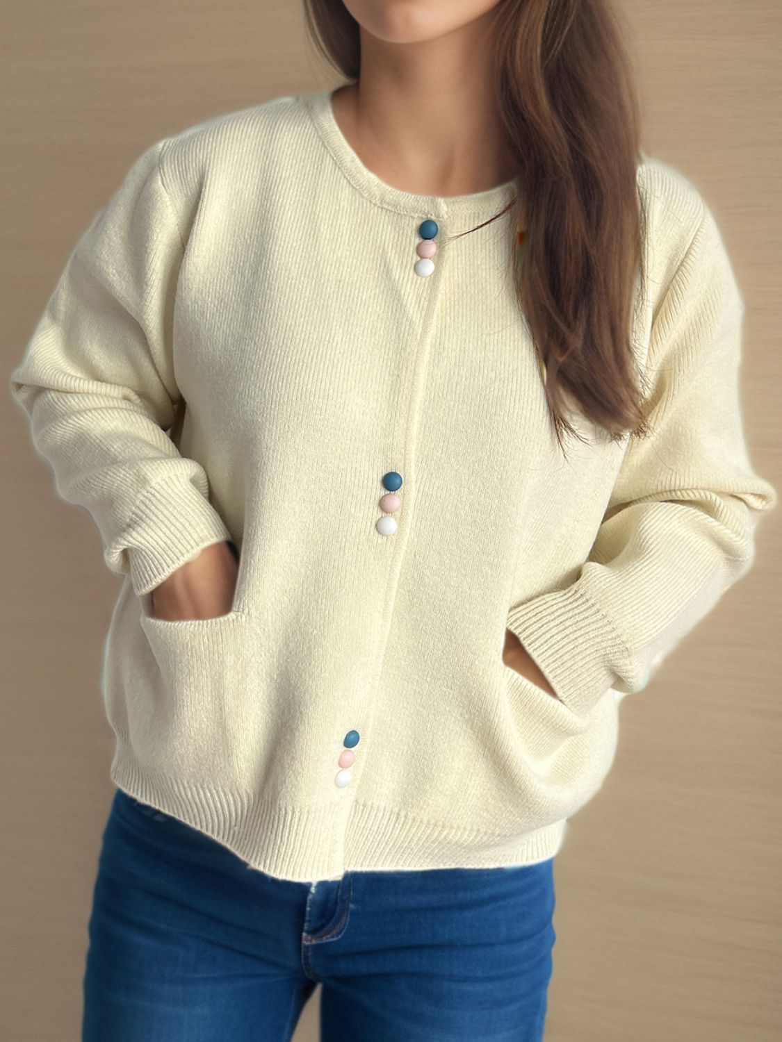 Button Down Long Sleeve Cardigan with Pockets-Angel Casuals
