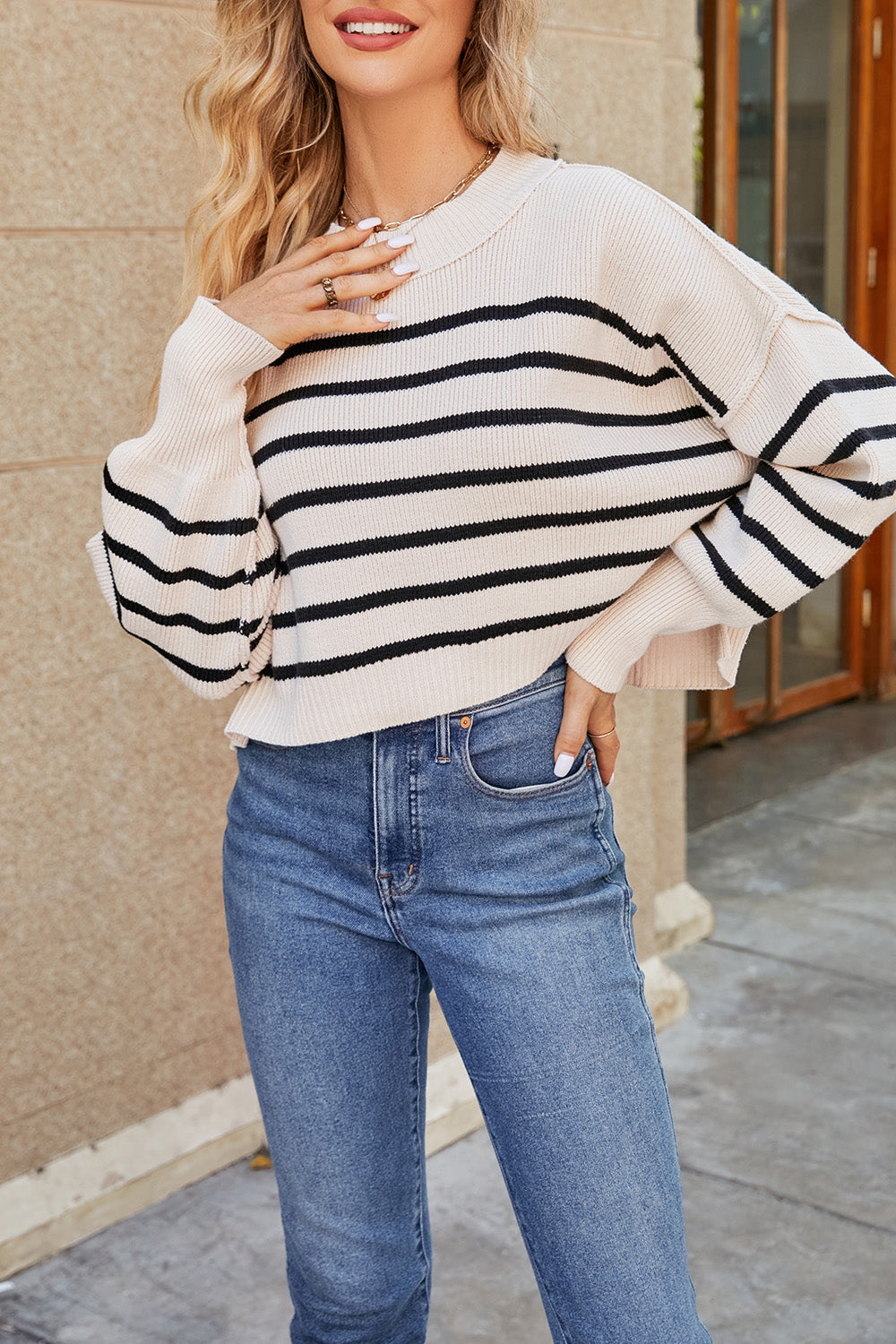 Round Neck Dropped Shoulder Sweater-Angel Casuals