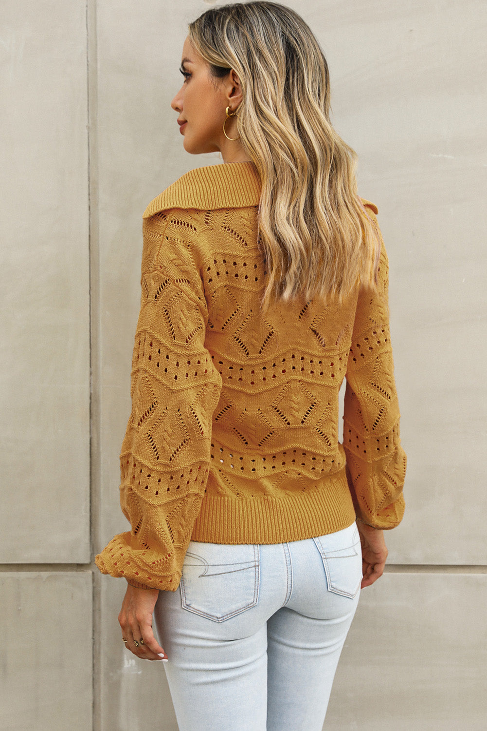 Openwork Lantern Sleeve Sweater-Angel Casuals