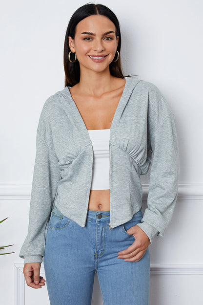 Shiny Ruched Half Zip Hooded Jacket-Angel Casuals