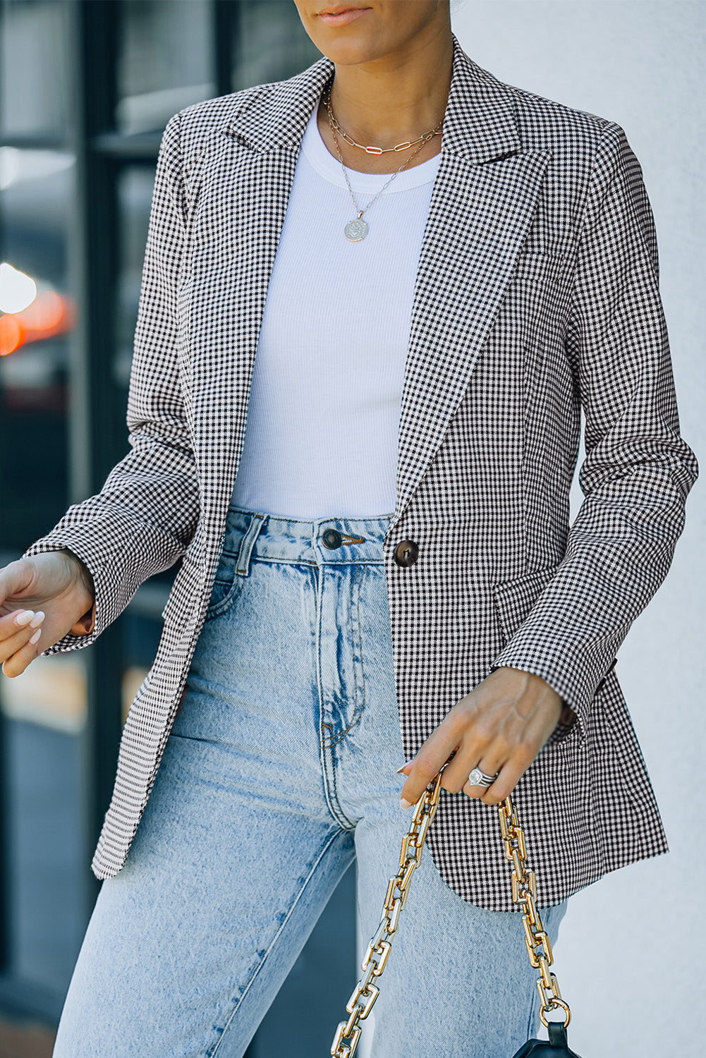 Plaid Lapel Collar Button Cuff Blazer-Angel Casuals